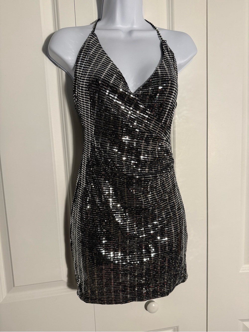 Sequin Halter Mini Dress in Black and Silver